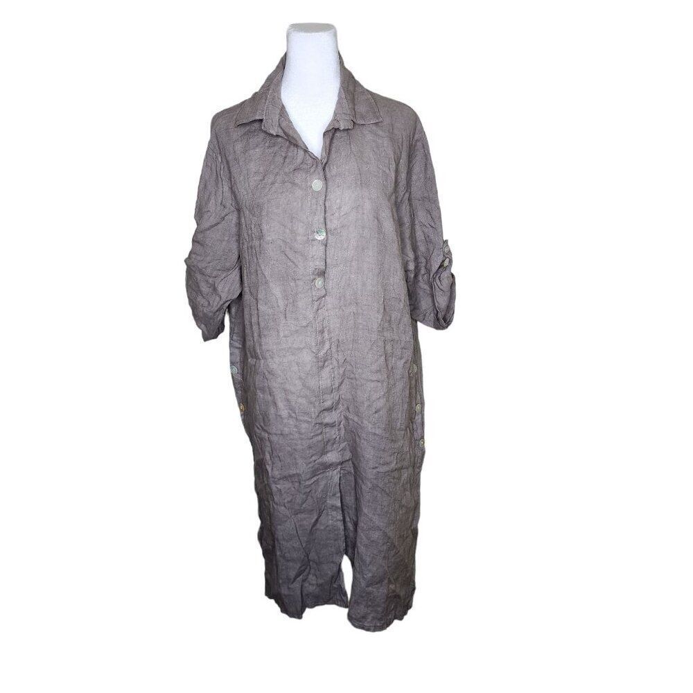 Marisima Italian Long Sleeve Linen Shirt Dress Womens OS One Size Gray Lagenlook